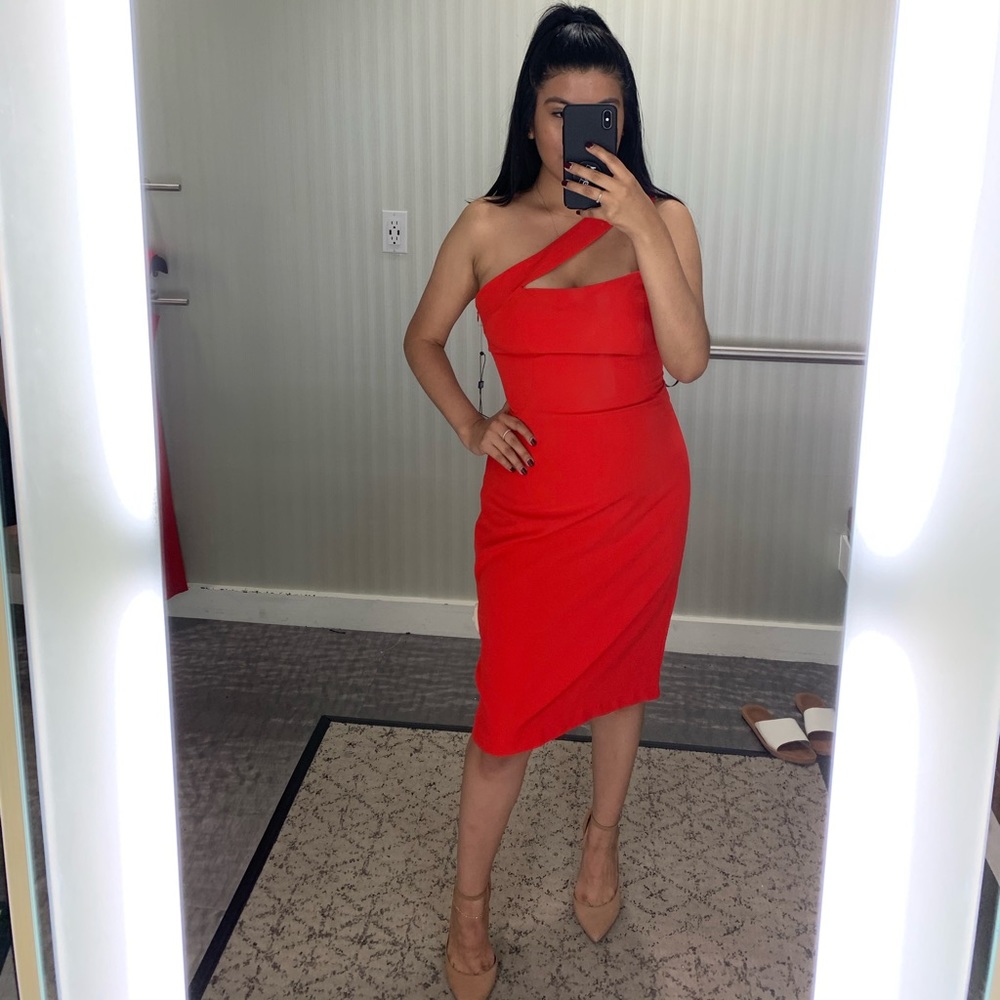 One shoulder red dress by Shelli Segal